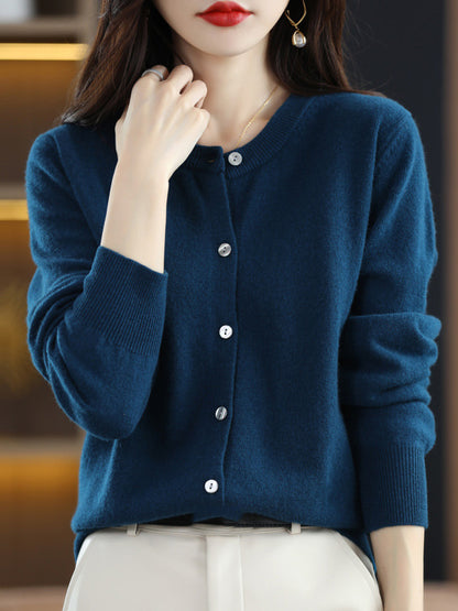 flowersverse Buttoned Elasticity Long Sleeves Round-Neck Knitwear Cardigan Tops