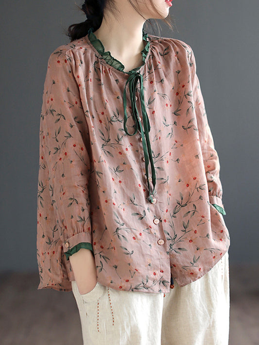 flowersverse Floral Printed Lace-Up Long Sleeves Loose Round-Neck Blouses&Shirts Tops