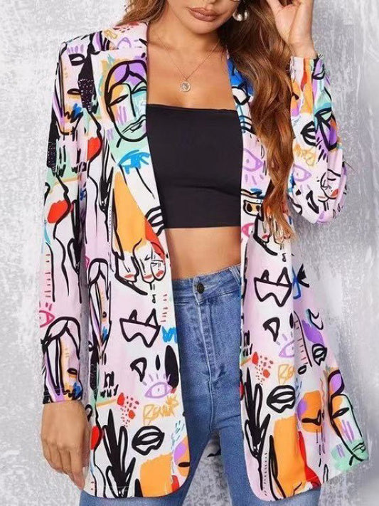 flowersverse Figure Printed Long Sleeves Loose Notched Collar Outerwear