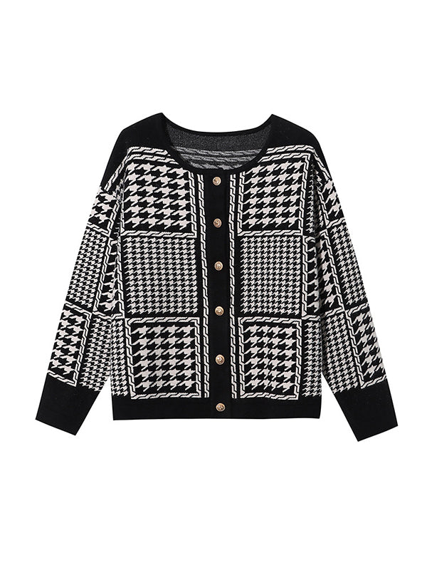 flowersverse Long Sleeves Loose Contrast Color Houndstooth Split-Joint Round-Neck Cardigan Tops