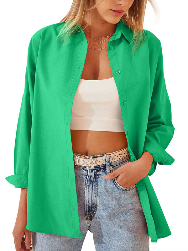 flowersverse Buttoned Solid Color Long Sleeves Loose Lapel Blouses&Shirts Tops