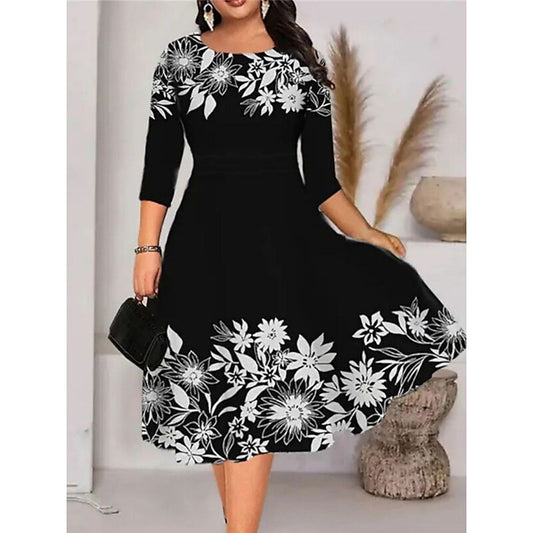 flowersverse Women's Plus Size Work Dress A Line Dress Leaf Floral Midi Dress Half Sleeve Print Crew Neck Elegant Office Black White Spring Summer XL XXL 3XL 4XL 5XL