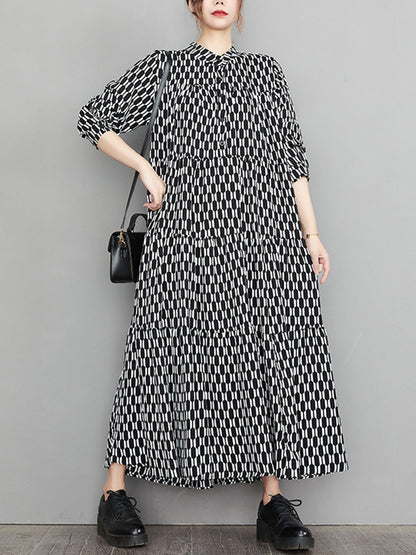 flowersverse Casual Long Sleeves Loose Buttoned Contrast Color Printed Split-Joint Stand Collar Midi Dresses