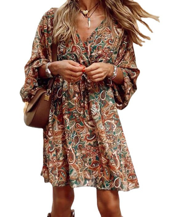 flowersverse New Printed Long Sleeve A-Line Boho Dress