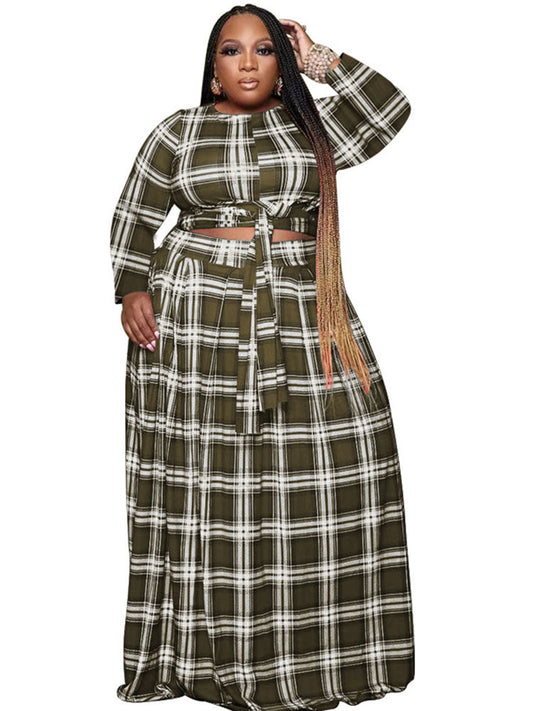 flowersverse Two Piece Plaid Crop Top Maxi Skirt Plus Size Set