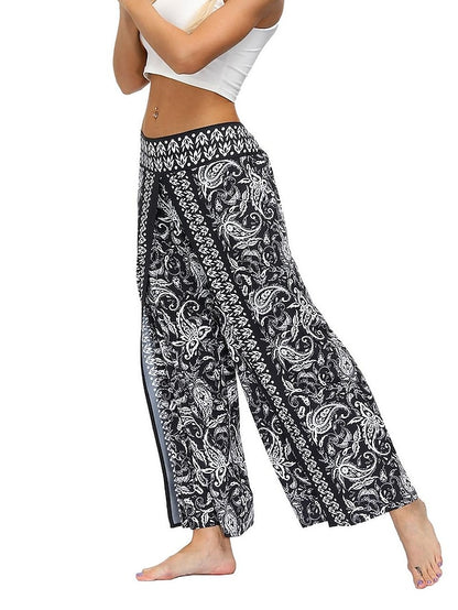 flowersverse Women's Harem Wide Leg Pants Trousers Light gray Gray Black High Waist Basic Boho Gym Yoga Layered High Cut Micro-elastic Full Length Comfort Pattern S L / Drop Crotch / Plus Size / Loose Fit / Print