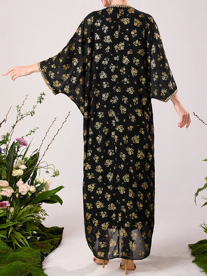 flowersverse Muslim High Waisted Round-Neck Inner Dress + Gauze Batwing Sleeves Flower Print Outerwear Two Pieces Set