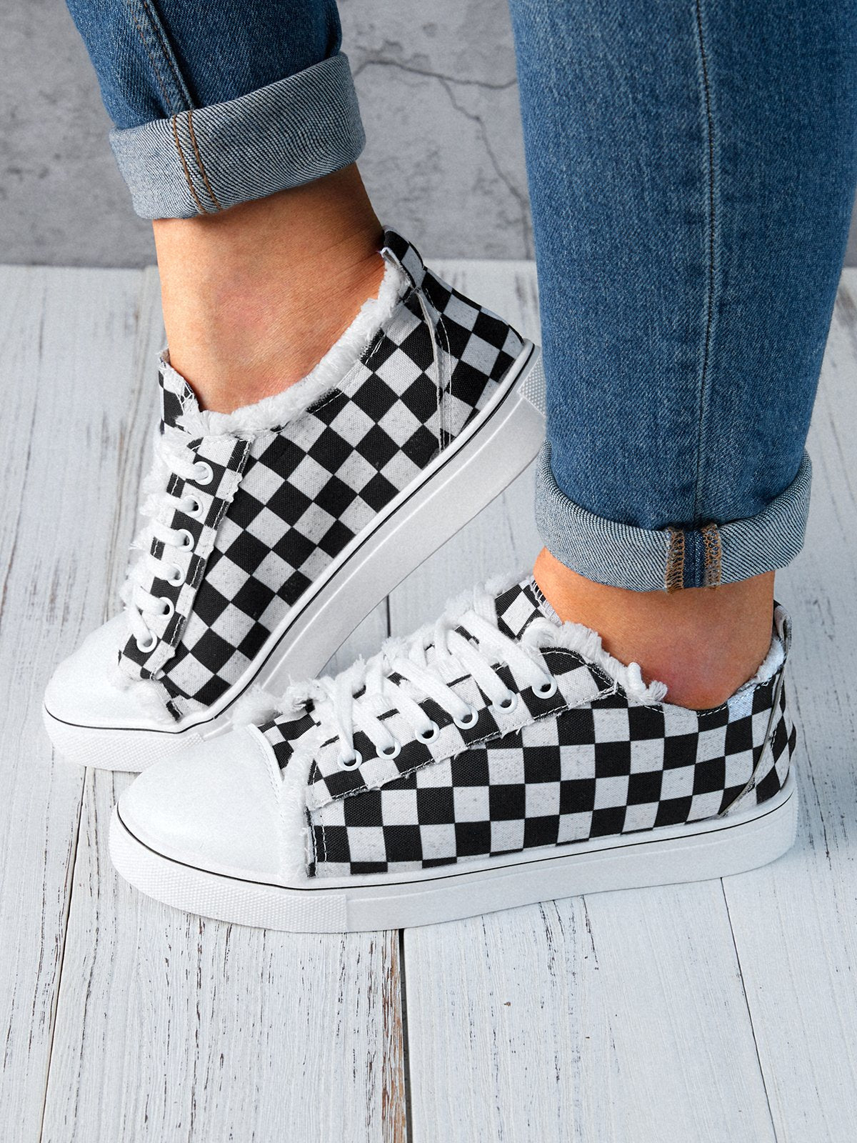 flowersverse Black And White Checkerboard Graphic Distressed Canvas Flats