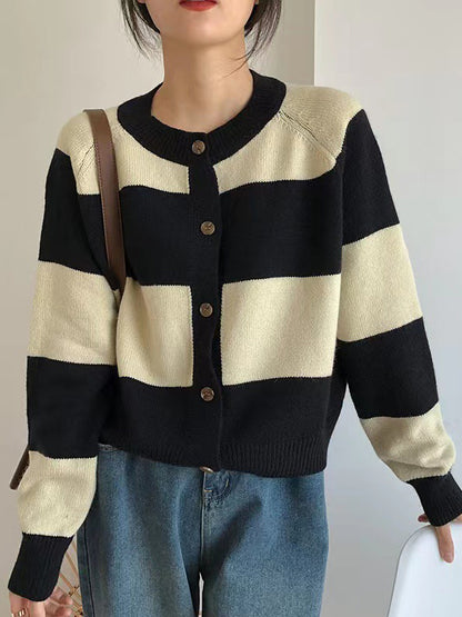 flowersverse Casual Buttoned Contrast Color Striped Cardigan Tops