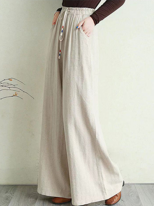 flowersverse Artistic Ramie Cotton Drawstring Elasticity Loose Wide-Leg Pants