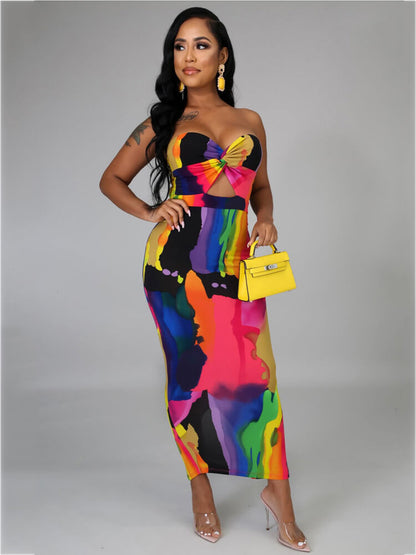 flowersverse Tie Dyed Multicolor Strapless Bodycon Maxi Dresses