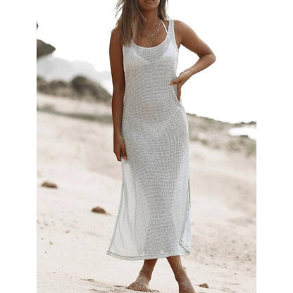 flowersverse Women's Cover Up Beach Dress Beach Wear Long Dress Maxi Dress Backless Split Casual Sexy Plain V Neck Sleeveless Loose Fit Outdoor Daily White  Spring Summer S M L XL