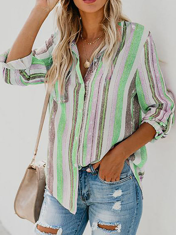 flowersverse Buttoned Pockets Striped High-Low Long Sleeves Lapel Blouses&Shirts Tops