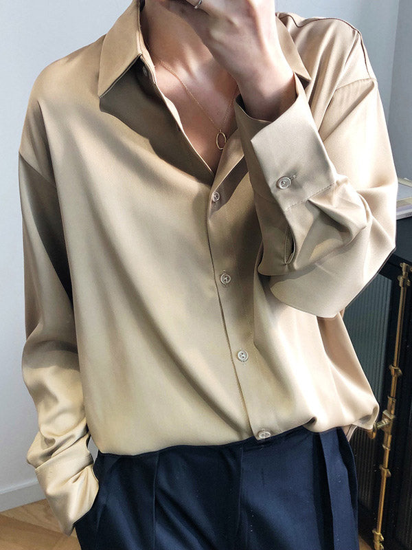 flowersverse Simple Solid Color Satin Chiffon Long Sleeve Blouse