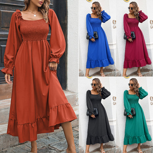 flowersverse Women's Crepe Press Casual Ruffled Square Collar Large Swing Dress Long Skirt