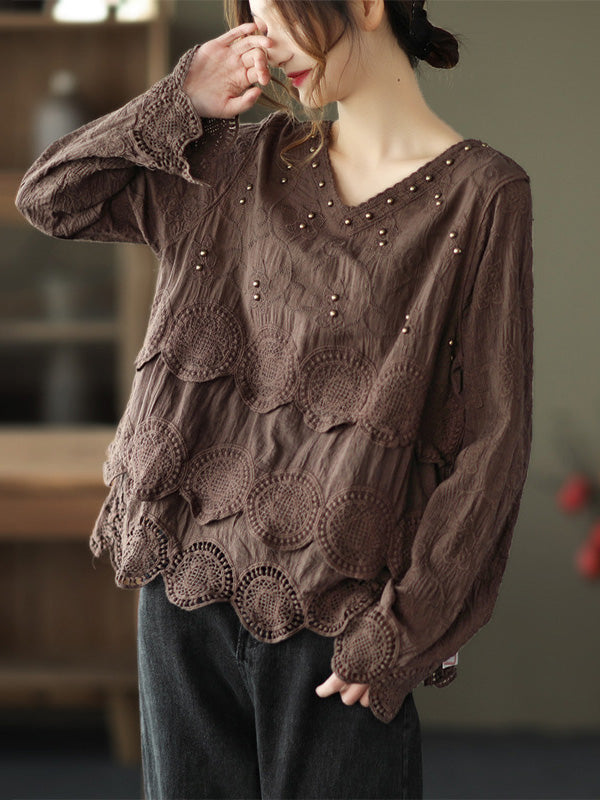 flowersverse Black&Coffee Lacy Hollow V-Neck Long Sleeve Shirts