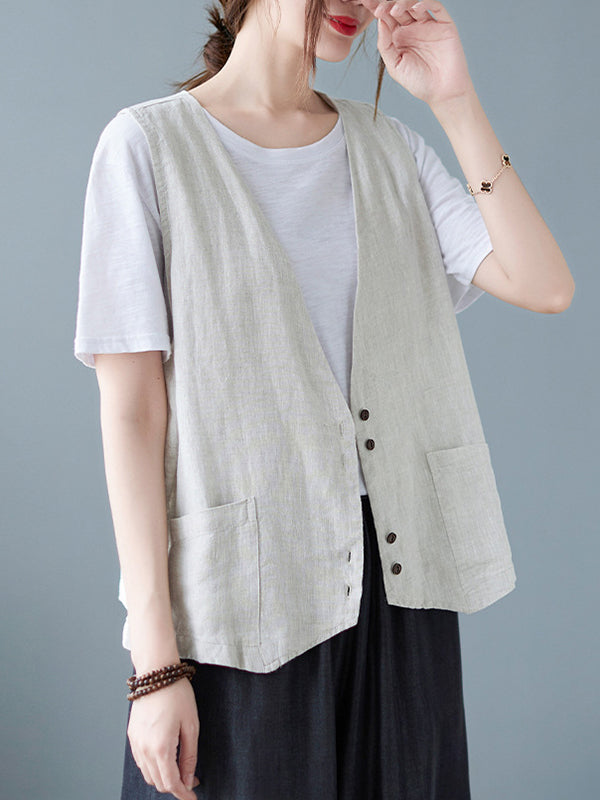 flowersverse Simple Loose V-Neck Solid Color Vest