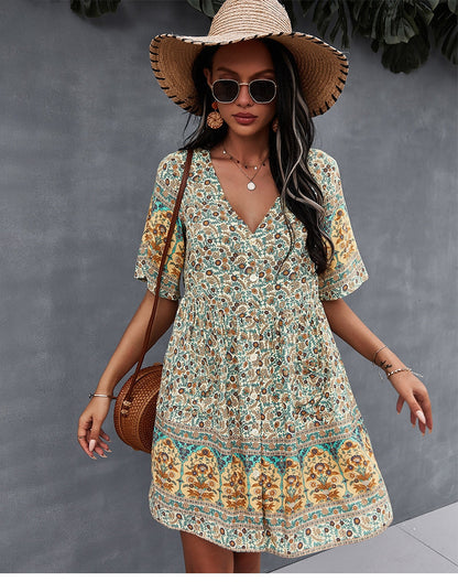 flowersverse Floral Print Summer Short Dress Women Casual V Neck Bohemian Short Sleeve Dress For Woman Fashion Sexy Spring Dress