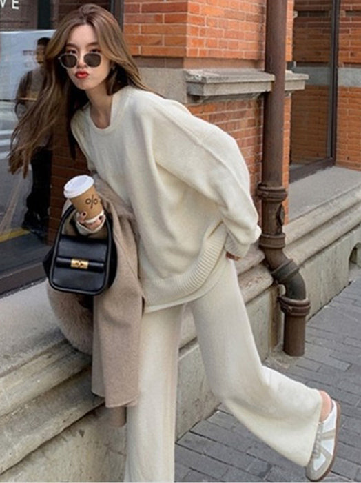 flowersverse Casual Loose Solid Color Round-Neck Sweater Tops & Wide Leg Pants Suits