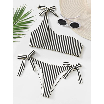 flowersverse Women's Swimwear Bikini Normal Swimsuit 2 Piece One Shoulder Striped Black Blue Bathing Suits Sports Summer