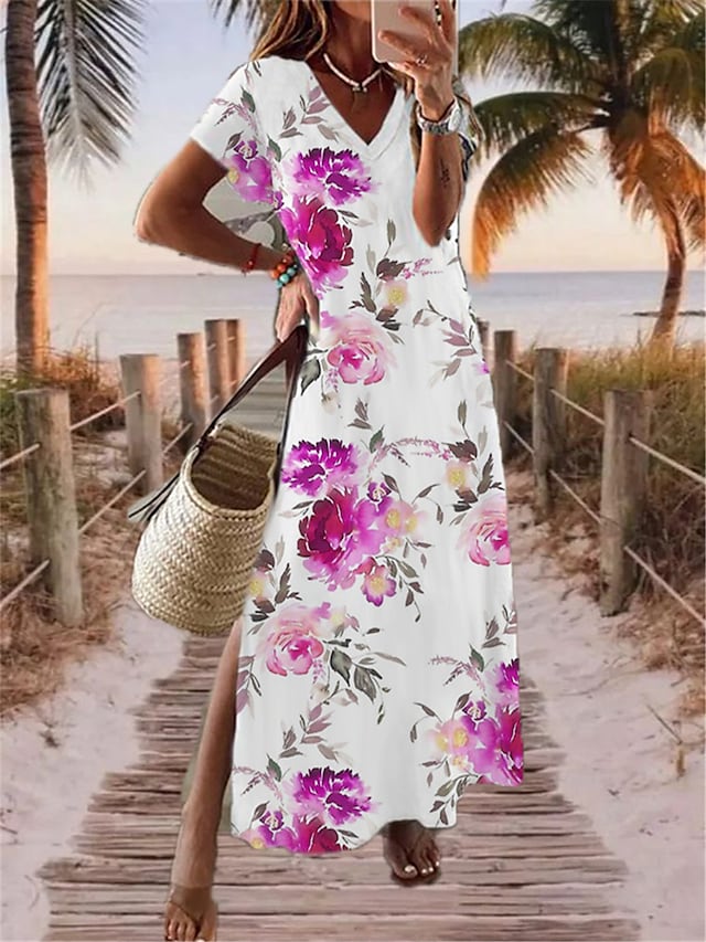 flowersverse Women's Long Dress Maxi Dress Casual Dress Print Dress Floral Fashion Streetwear Outdoor Daily Going out Split Print Short Sleeve V Neck Dress Regular Fit Pink Navy Blue Spring Summer S M L XL XXL