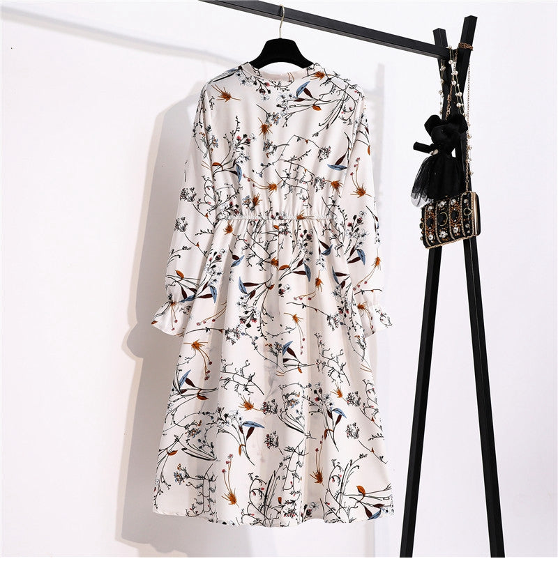 flowersverse Autumn Winter Ladies Chiffon High Elastic Waist Women Bow Aline Full Sleeve Flower Print Floral Party Dress Female Vestido