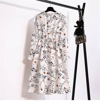 flowersverse Autumn Winter Ladies Chiffon High Elastic Waist Women Bow Aline Full Sleeve Flower Print Floral Party Dress Female Vestido