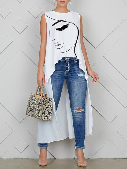 flowersverse Figure Printed High-Low Sleeveless Round-Neck Vest Top