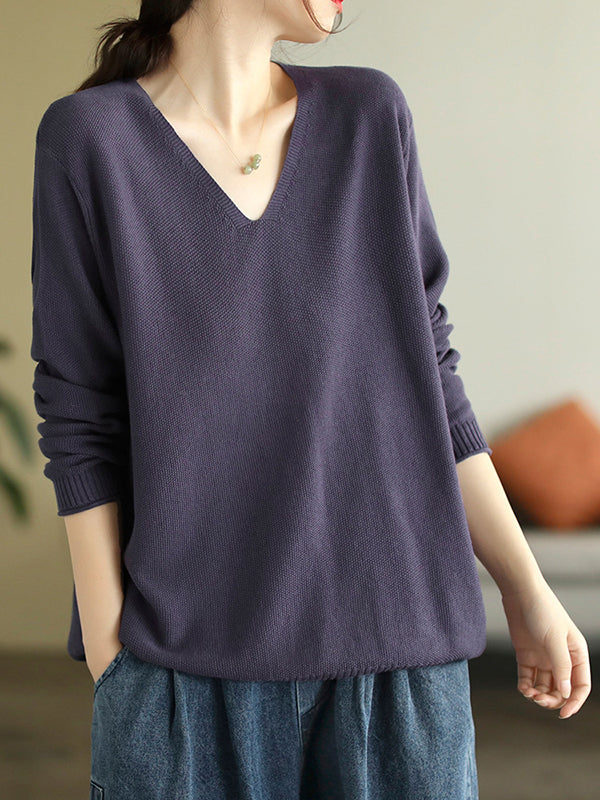 flowersverse Solid Color Long Sleeves Loose V-Neck Sweater Tops