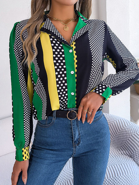 flowersverse Buttoned Contrast Color Polka-Dot Long Sleeves Notched Collar Blouses&Shirts Tops