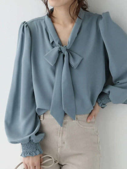 flowersverse Urban 4 Colors Split-Side Tied Puff Sleeves Blouse