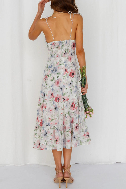 flowersverse Floral Tie Straps Ruffles Midi Dress