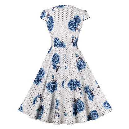 flowersverse Women Rose Print Square Neck Short Sleeve Dress