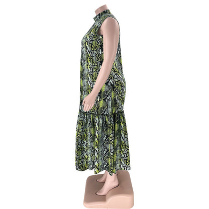 flowersverse Summer Stand Collar Sleeveless Print Plus Size Women's Stylish Loose Long Dress