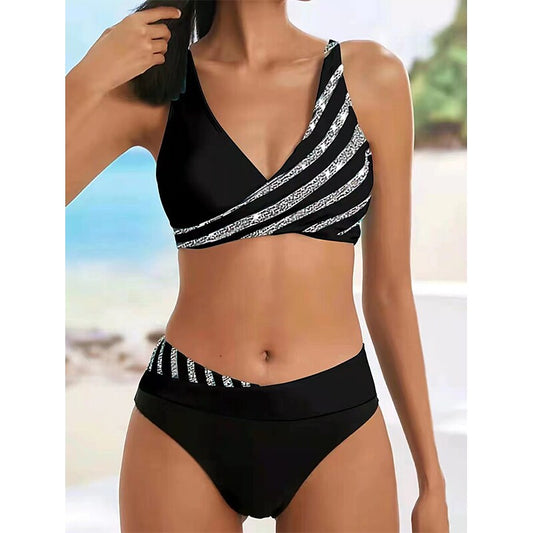 flowersverse Women's Swimwear Bikini Plus Size Swimsuit 2 Piece Striped Black Burgundy Blue Lavender Purple Bandeau Bathing Suits Sports Summer