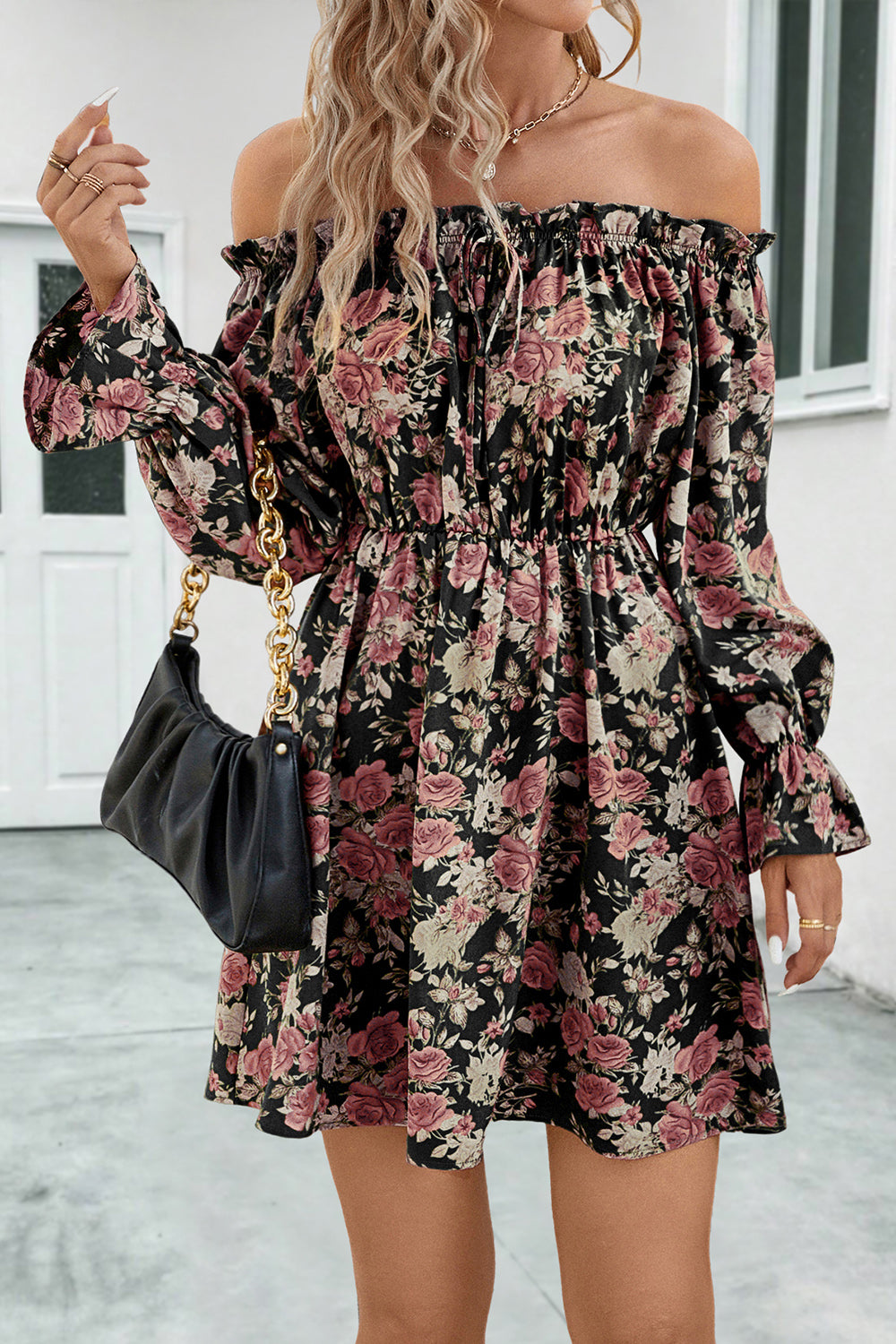 flowersverse Floral Off-Shoulder Flounce Sleeve Mini Dress