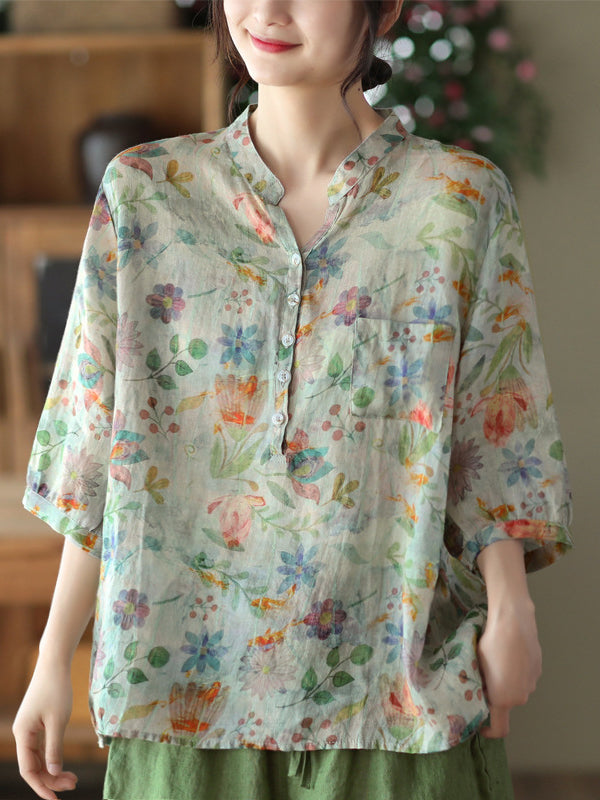 flowersverse Vintage Loose Buttoned Floral Printed Stand Collar Blouses&Shirts Tops