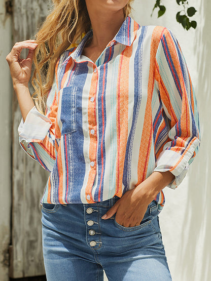 flowersverse Buttoned Pockets Striped High-Low Long Sleeves Lapel Blouses&Shirts Tops