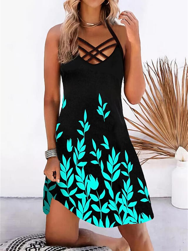 flowersverse Women's Casual Dress Slip Dress Print Dress Floral Backless Print Strap Mini Dress Active Fashion Outdoor Daily Sleeveless Slim Black Yellow Royal Blue Spring Summer S M L XL XXL