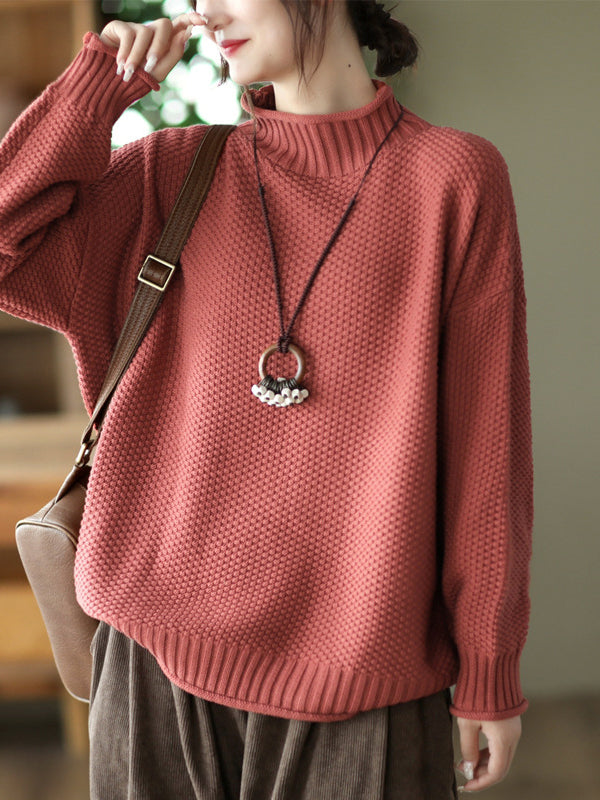 flowersverse Vintage Long Sleeves Loose Solid Color High-Neck Sweater Tops