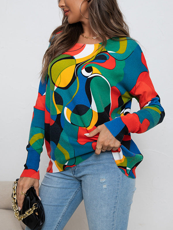 flowersverse Contrast Color Printed Long Sleeves Loose Round-Neck Sweater Tops Pullovers Knitwear