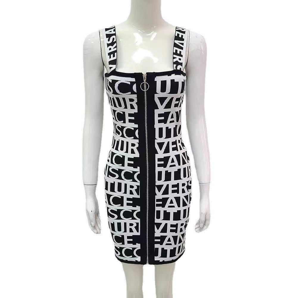 flowersverse Black And White Letter Suspenders Bodycon Short Bandage Dress Fashion Dress