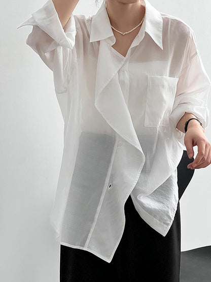 flowersverse Solid Color Irregular clipping Long Sleeves Lapel Blouses&shirts Tops