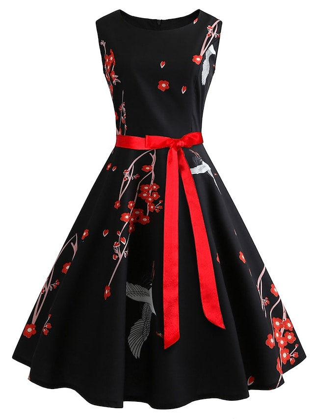 flowersverse Women's Elegant Retro Swing Dress Midi Dress Outdoor Daily Bow Print Floral Crew Neck Sleeveless Regular Fit Spring Summer  Black S M L XL