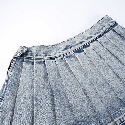 flowersverse Women High Waist Pleated Denim Skirt