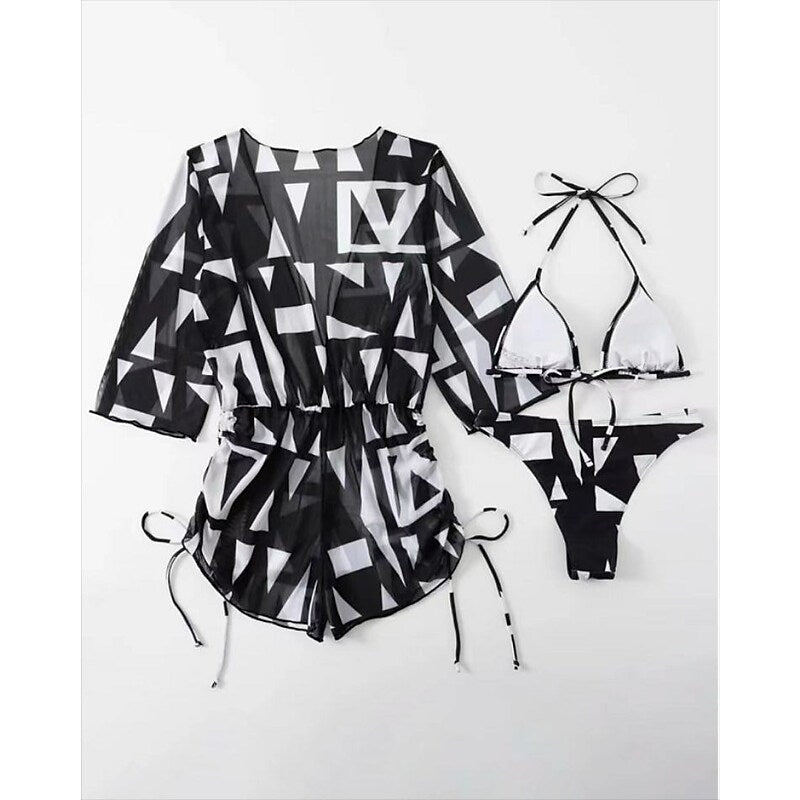 flowersverse Women's Swimwear Bikini Normal Swimsuit 3-Piece Printing Leaf Geometic Black Orange Green Bathing Suits Sports Beach Wear Summer