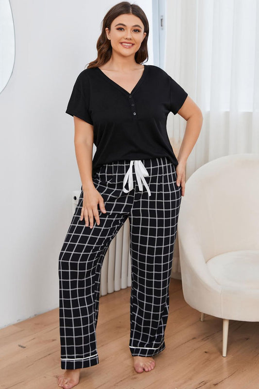 flowersverse Plus Size V-Neck Top and Plaid Pants Lounge Set