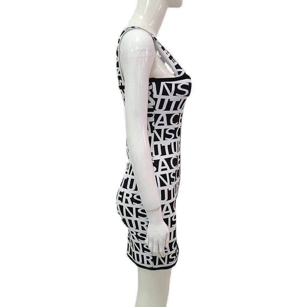 flowersverse Black And White Letter Suspenders Bodycon Short Bandage Dress Fashion Dress