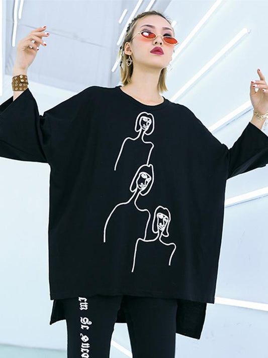 flowersverse Embroidered Black&White Loose Round-Neck T-Shirt