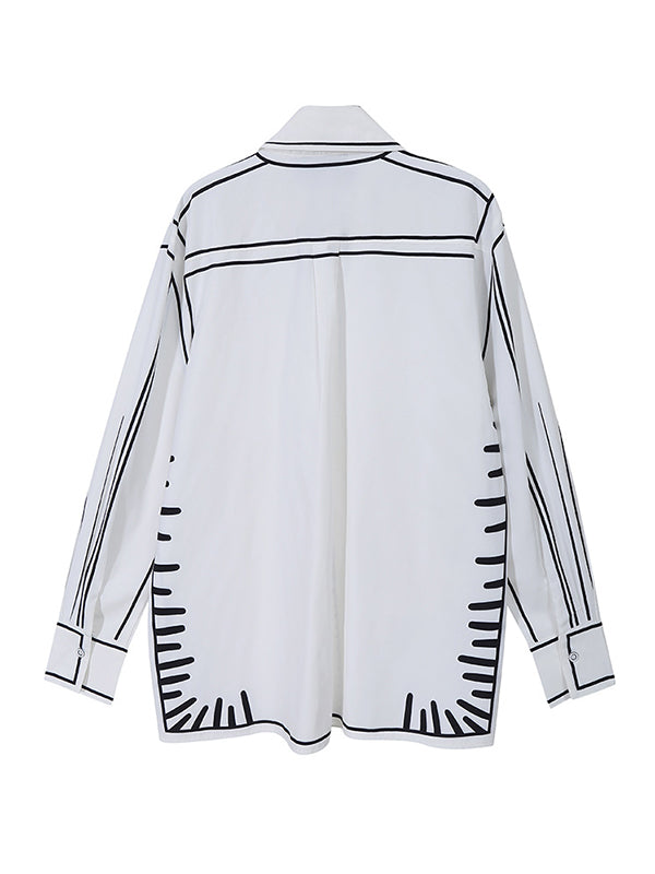 flowersverse Simple White Black Contrast Color Printed Blouse